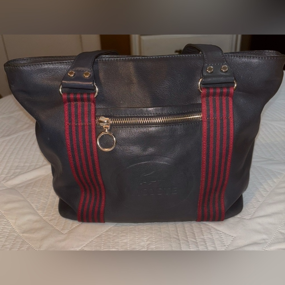 Vintage Lacoste Navy and Burgundy Leather Handbag.